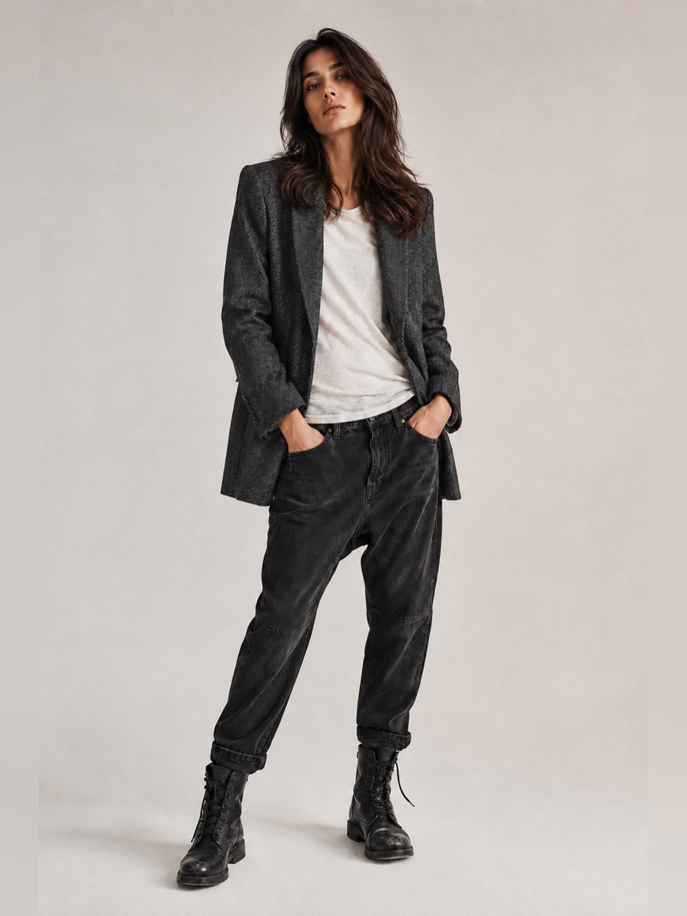 Vince $650 Charcoal Herringbone Wool Silk Cashmere Boyfriend Blazer Size 10